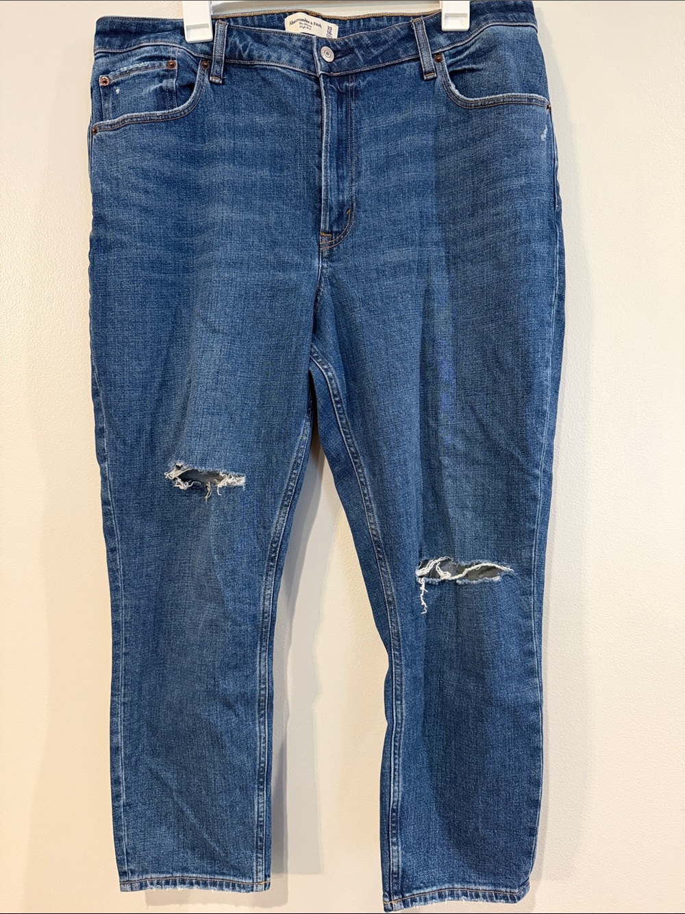Abercrombie & Fitch Women's Distressed Mid-Blue Skinny Jeans